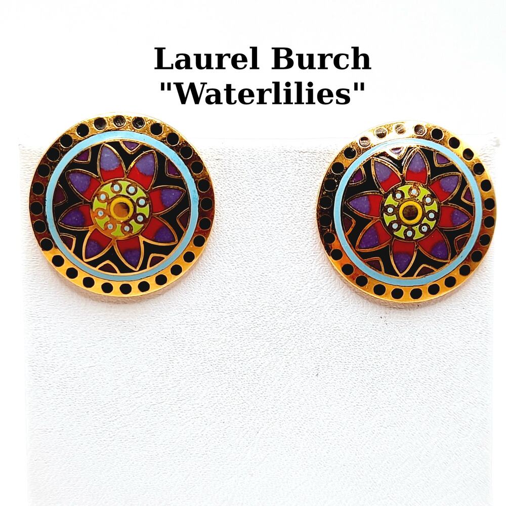 Vintage Laurel Burch Waterlilies Multicolored Enamel Gold Plated Post Earrings